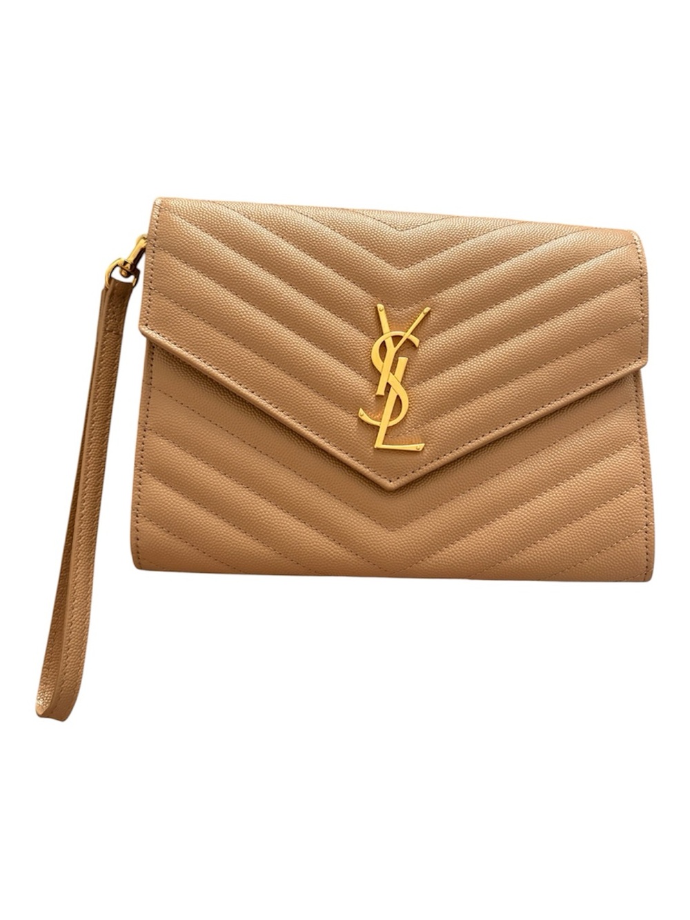 AUTHENTIC YSL Grain De Poudre Matelasse Chevron Monogram Envelope Clutch Pink